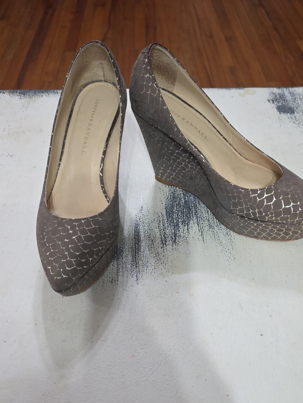 Loeffler Randall Women's Wedge Slip-On Shoes Brown/Gold Snakeskin Design Sz 8.5